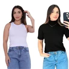 Kit Regata Branca americana e Baby Look Preta Gola Alta Blusinha Canelada