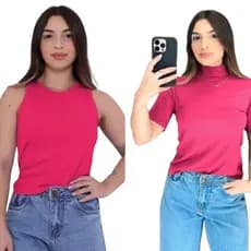 Kit Regata Pink americana e Baby Look Pink Gola Alta Blusinha Canelada