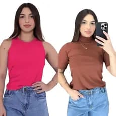 Kit Regata Pink americana e Baby Look Marrom Gola Alta Blusinha Canelada