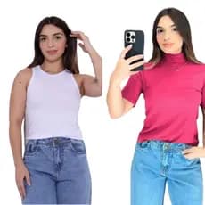 Kit Regata Branca americana e Baby Look Pink Gola Alta Blusinha Canelada