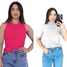 Kit Regata Pink americana e Baby Look Branca Gola Alta Blusinha Canelada