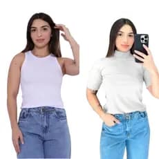 Kit Regata Branca americana e Baby Look Branca Gola Alta Blusinha Canelada