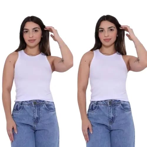 Kit 2 Regatas Brancas Americana Blusinha Feminina Canelada Ribana