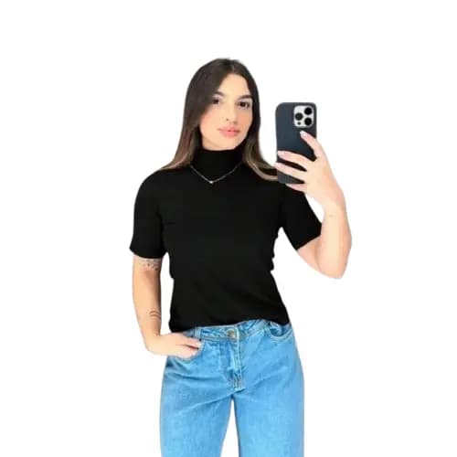 Baby Look Preta Gola Alta Blusinha Canelada Blusa Cacharrel Garrafinha