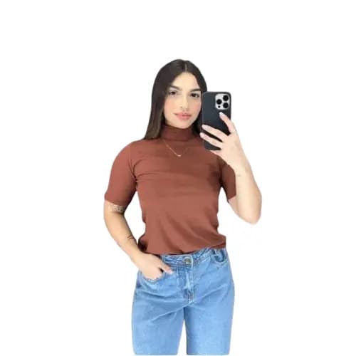 Baby Look Marrom Gola Alta Blusinha Canelada Blusa Cacharrel Garrafinha