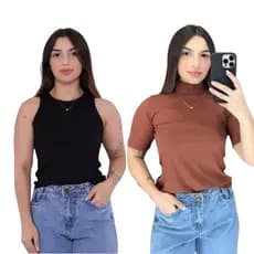 Kit Regata Preta americana e Baby Look Marrom Gola Alta Blusinha Canelada