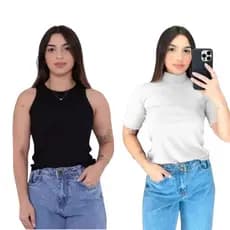 Kit Regata Preta americana e Baby Look Branca Gola Alta Blusinha Canelada