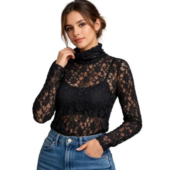 Conjunto Blusa de Manga Longa e Gola Alta Renda + Top Alcinha Viscolycra – Elegância e Conforto