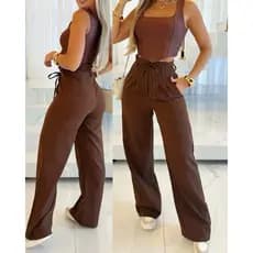 Calça Pantalona Feminina Alfaiataria Social Com Tira De Amarração