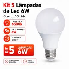 Kit 5 Lâmpadas de Led 6W Ourolux G-Light Bulbo Luz Branca 6500w Branco Frio