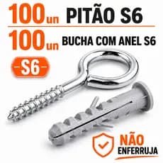 Kit 100 Peças Pitão Zincado 6mm e 100 Bucha com Anel para Parede Alvenaria