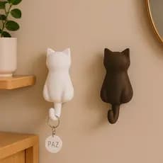Kit com 2 Ganchos de Parede em Formato de Gato – Porta-Chaves Fofo em PLA