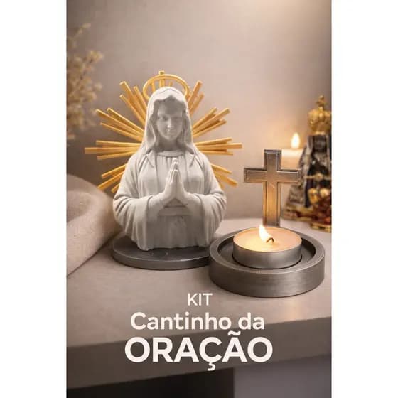 Kit Cantinho da Oração com Nossa Senhora e castiçal para Vela – Decoração Religiosa Elegante para Ambiente de Fé
