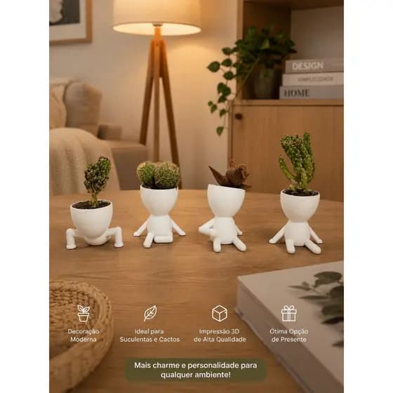 Vaso Decorativo Bonequinho para Suculentas e Cactos Robert home decor – Kit com 4 Peças 7cm