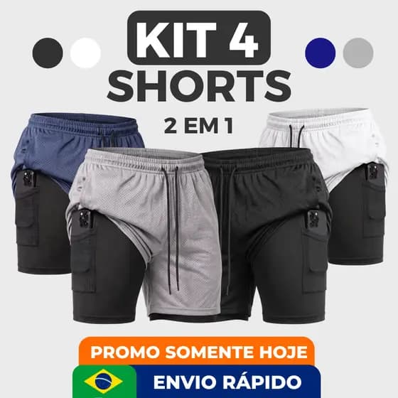 KIT COM 4 SHORTS MASCULINO 2 EM 1DRY FIT COM BOLSO INTERNO e alta compressão academia corrida treino