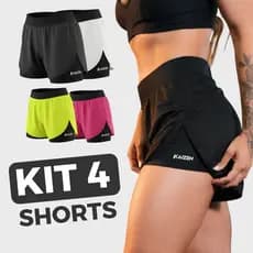 KIT COM 4 SHORTS FEMININO 2 EM 1 DRY FIT COM BOLSO PARA CELULAR short para academia treino e corrida