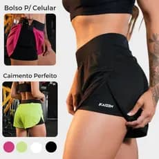 Shorts Feminino 2 em 1 Dry Fit C/ Bolso Porta Celular Kaizen Ideal para Academia, para Treinar