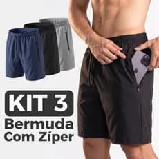 Kit Com 3 Bermudas Tactel Elastano Masculina Bolso Com Zíper Academia, Treino e Praia