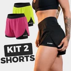 KIT COM 2 SHORTS FEMININO 2 EM 1 FEMININO DRY FIT C/ Bolso Porta Celular Kaizen Academia, Treino