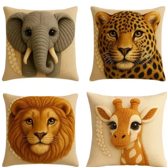 Kit 4 Capas de Almofada Safari Infantil 45x45cm Animais 3D Decorativos Zoo Sala Quarto