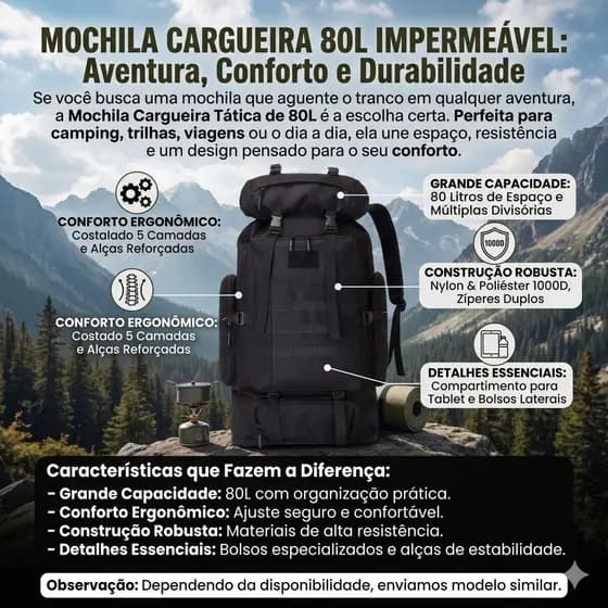 Mochila Cargueira 80L Impermeável para Trilha e Camping Montanismo Viagens Aventuras