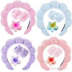 KIT 4 PCS Acessórios de Skincare Spa Feminino - Tiara Nuvem, Faixa de Pulso, Presilha de Flor