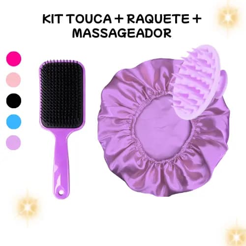 Kit 3 Itens para Cabelos Escova Raquete Curvada + Escova Massageadora de Silicone + Touca de Cetim