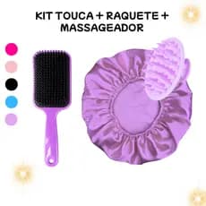 Kit 3 Itens para Cabelos Escova Raquete Curvada + Escova Massageadora de Silicone + Touca de Cetim