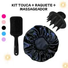 Escova Raquete Fashion + Massageador de Silicone + Touca de Cetim – Kit Ideal Para Você