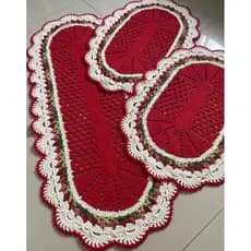 jogo de tapete cozinha croche, tapete de crochê para cozinha, passadeira vermelha
