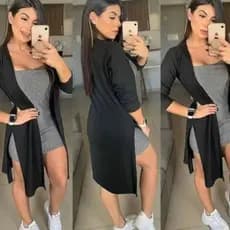 Cardigan Canelado Kimono Longo Feminino Fashion Moda Sobretudo Manga Longa