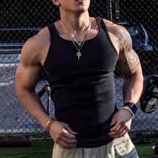 Regata Masculina Modelo Americano Tecido Canelado Justa Hip Hop Camiseta  Americana Estilo Fechado Algodão Camisa Lisa