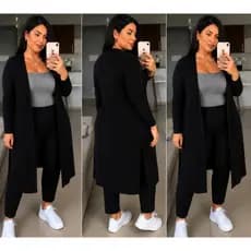 Cardigan Plus Size GG ao G3 Tecido Canelado Kimono Longo Sobretudo Moda Fashion Frio Feminino Manga Longa