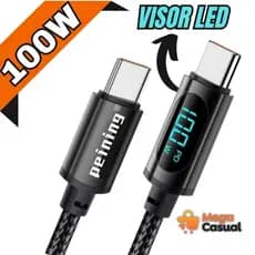 Cabo com Visor de Potência Tipo C 100W Turbo Carregamento Rápido com Mostrador LED