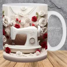 Caneca personalizada costureira máquina de costura arte realista 3D caneca de porcelana xícara branca sublimação 325 ml