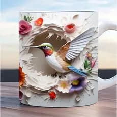 Caneca personalizada com arte 3D beija-flor colibri caneca de porcelana xícara branca cuitelo 325 ml