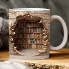 Caneca personalizada arte 3D livros biblioteca caneca de porcelana branca 325 ml