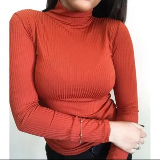 Blusa Femenina Gola Alta Manga Longa Malha Canelada