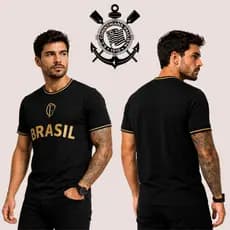 Camisa Corinthians Brasil Masculina Casual Edição Especial Preta Dourada Premium