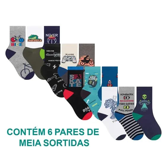 Kit Com 6 Pares De Meias Infantil Selene Estampadas Para Meninos e Meninas Calcanhar Verdadeiro