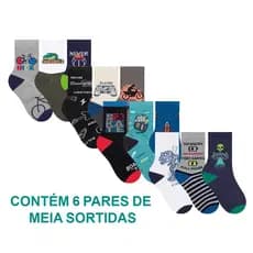 Kit Com 6 Pares De Meias Infantil Selene Estampadas Para Meninos e Meninas Calcanhar Verdadeiro