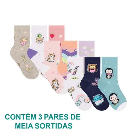 Kit Com 3 Pares De Meias Infantil Selene Estampadas Para Meninos e Meninas Calcanhar Verdadeiro