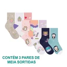 Kit Com 3 Pares De Meias Infantil Selene Estampadas Para Meninos e Meninas Calcanhar Verdadeiro