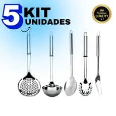 Kit 5 Peças De Utensílios De Cozinha 100% Inox Talheres Escumadeira