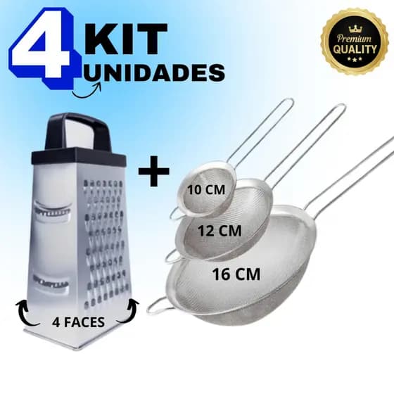 Kit Ralador Peneiras Inox Coador Fatiador 4 Faces Alimentos Utensilios Cozinha