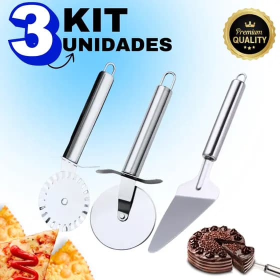 Conjunto 3 Peças 2 Carretilhas Cortador De Massas Pastel Pizzas e 1 Espátula Bolo Pudim Em Aço Inox