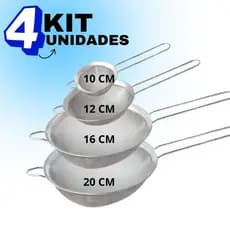 KIT 4 Peneiras 10 12 16 e 20 cm De Aço Inox Utensílios De Cozinha