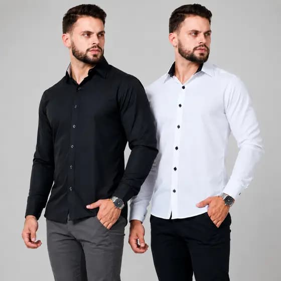 Camisa Masculina Social Slim Fit Algodão Manga Longa Botão Casual Elegante Formal Trabalho Festas