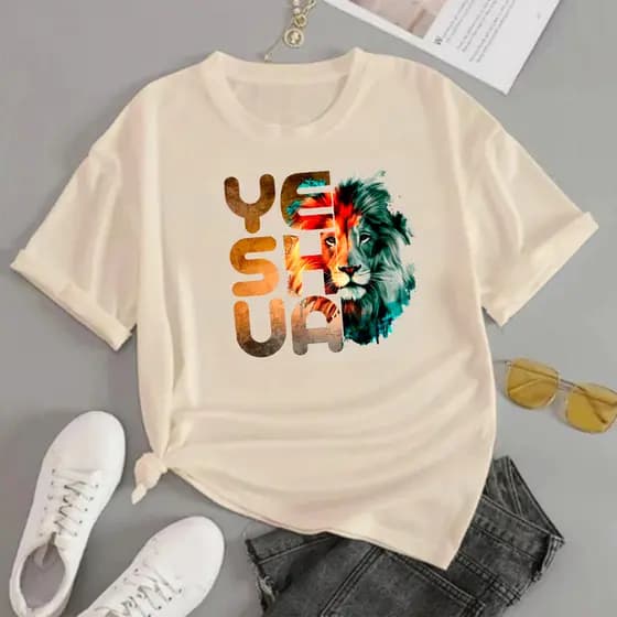Camiseta Feminina Oversized Moda Cristã "Yeshua" Dia a Dia Gola Redonda 100% Algodão