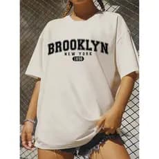 Camiseta Feminina Oversized Streetwear Brooklyn NY Estilo Academia Despojada 100% Algodão